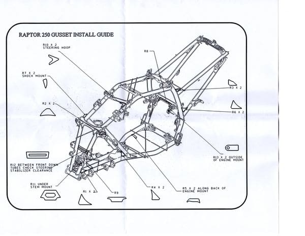 A drawing of the frame and parts for a motorcycle.