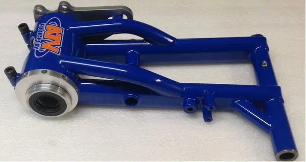 A blue frame with wheels on the bottom of it