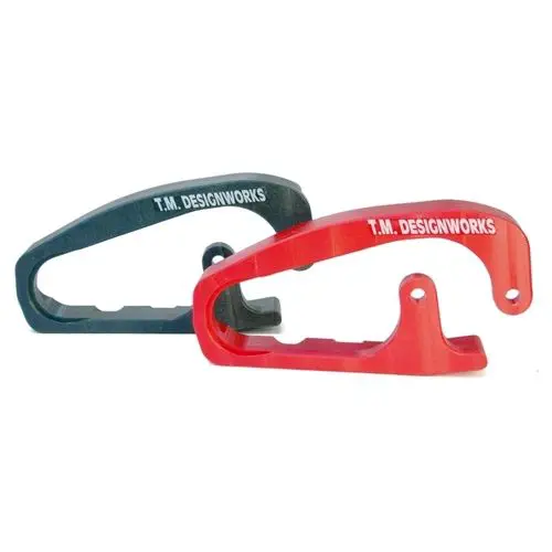 A pair of red and black carabiners.