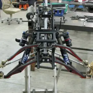 A close up of the front suspension on a car