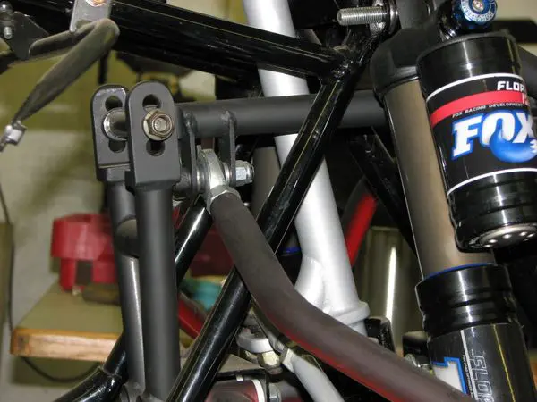 A close up of the front forks on a bicycle.