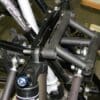 A close up of the frame and fork on a bicycle.