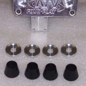 A set of four black knobs and one metal wheel.
