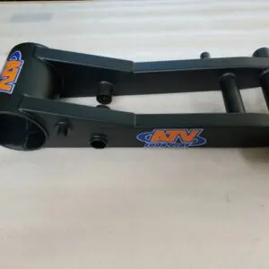 A black metal arm with an orange and blue logo.