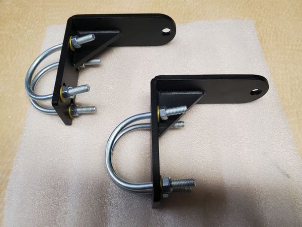 A pair of black metal brackets with two hooks.