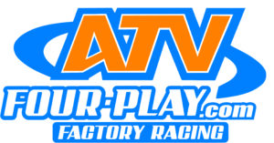 A blue and orange logo for atv four play.